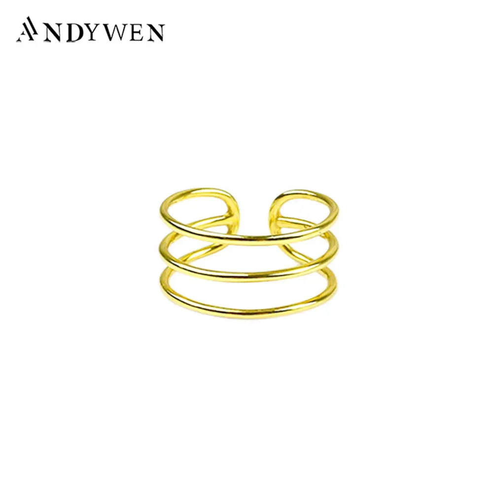 Andywen 2020 925 Sterling Silver Gold Slim Circle Resizable Rings Women Fashion Fine Jewelry Triple Thick Rings Women Jewels