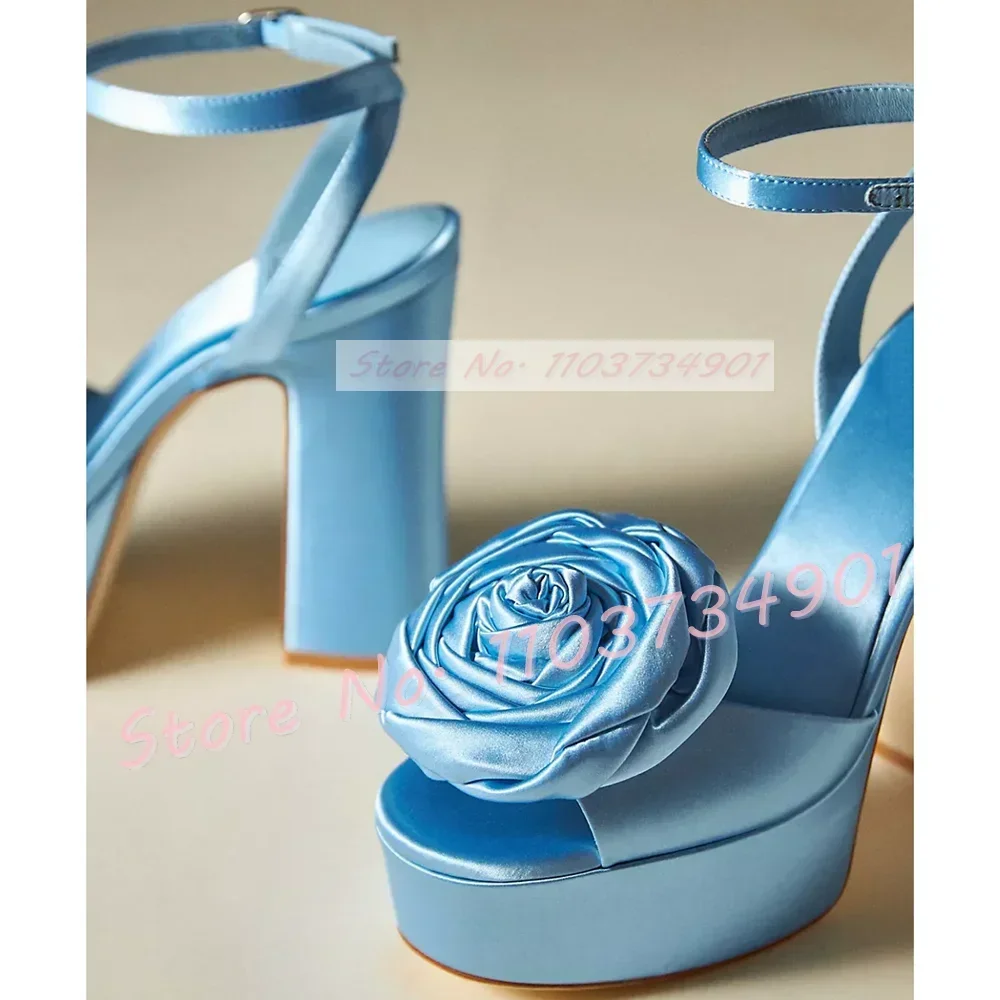 Classy Blue Rose Satin Platform Sandals Female Open Toe Ankle Strap Block High Heels Shoes Women Party Wedding Big Size Sandals image 4