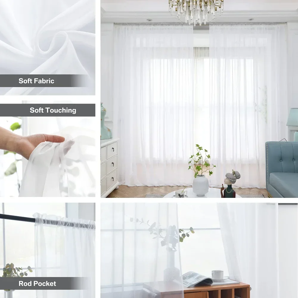 White Sheer Curtains 2 Panels Set Airy & Lightweight Elegant Window Treatments Light Filtering Drapes for Bedroom/Living Room