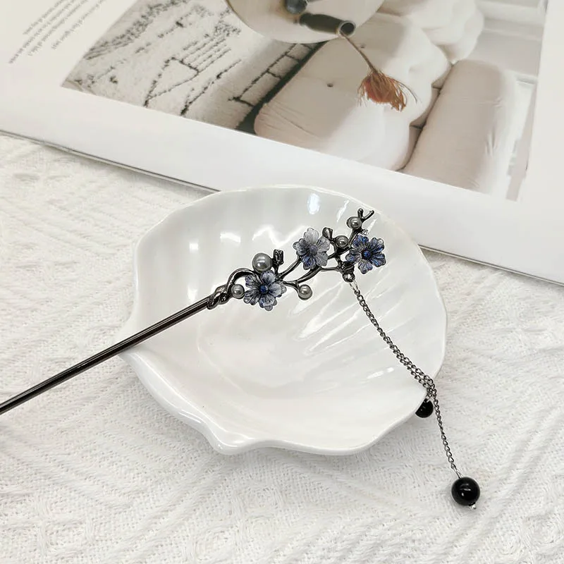 Ink Flower Tassel Hair Stick For Women Chinese Hanfu Hair Accessories Classic Cheongsam Decor Hairpin Retro Metal Hair Jewelry