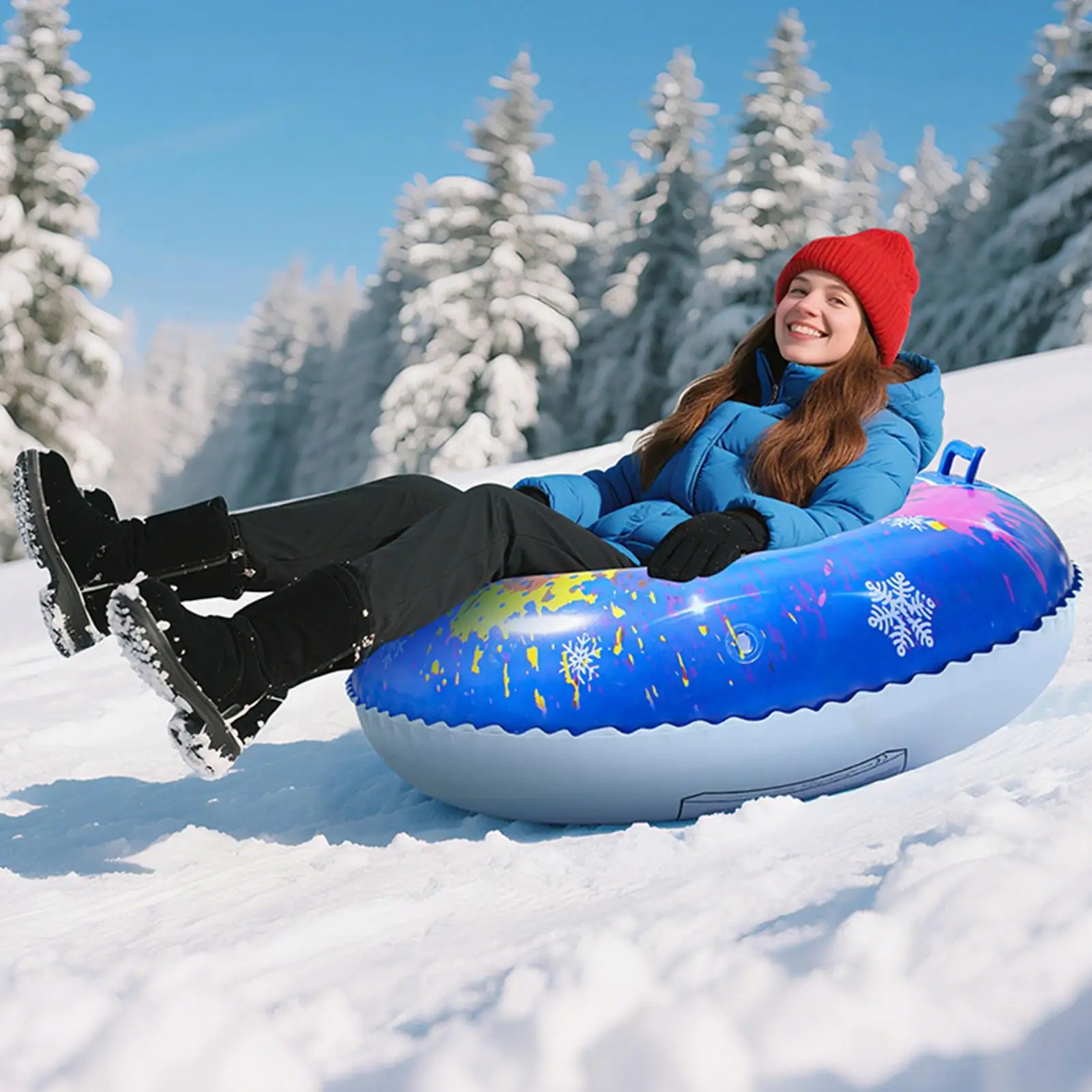 Inflatable Snow Disk/Tube Sled with Handles for All Ages Heavy-Duty & Cold-Resistant for Thrilling Rides