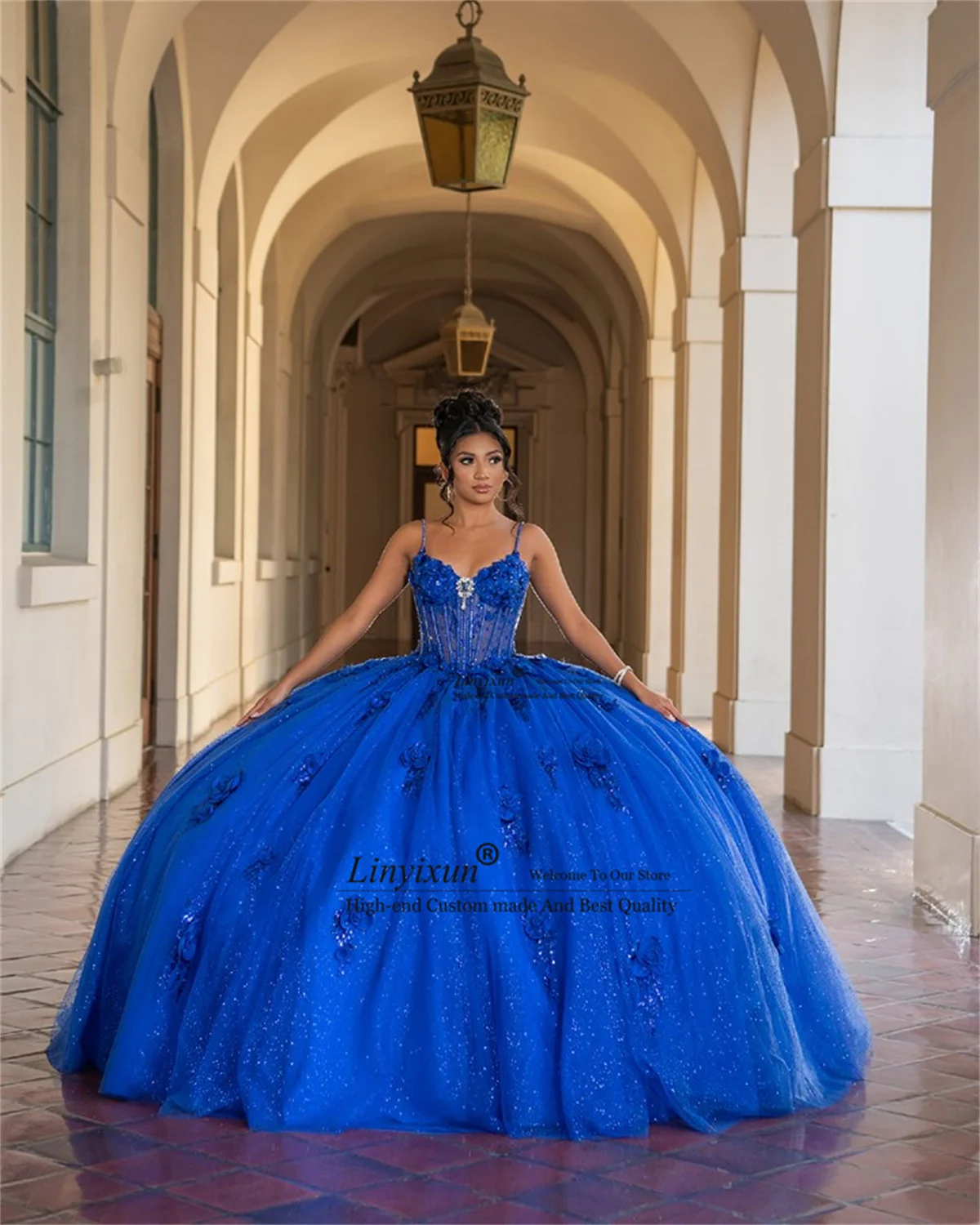 Gaun Quinceanera Model Ball Gown Meksiko dengan Aplikasi Bunga 3D, Tali Spaghetti, Dapat Disesuaikan, untuk Ulang Tahun Sweet 16, Vestidos De 15 Años