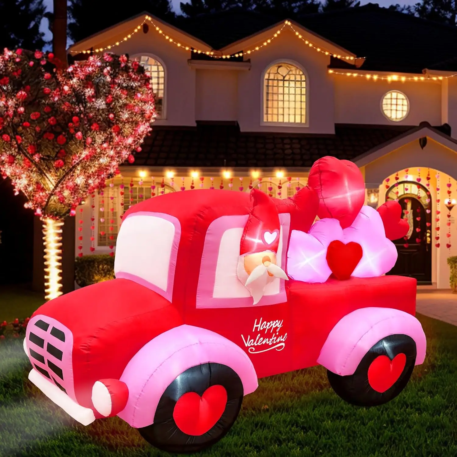 8FT Valentines Day Inflatables Outdoor Decorations Gnome Drives Car with LED Lights Sweet Heart Love Car Valentines Gifts Toys