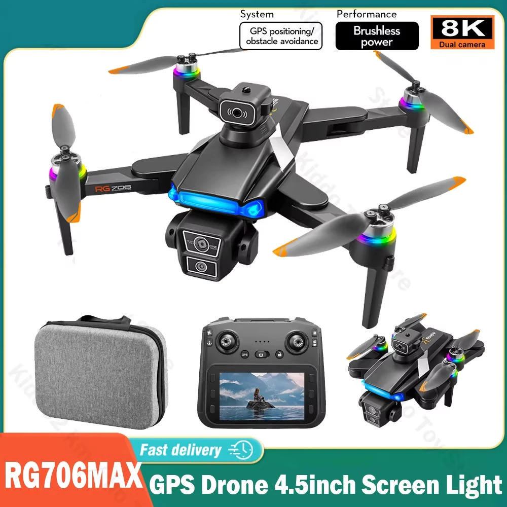 

RG706MAX GPS Drone with 4.5inch Screen 8K HD Dual Camera FPV Dron Brushless 360 Obstacle Avoidance RC Quadcopter Aircraft Gifts