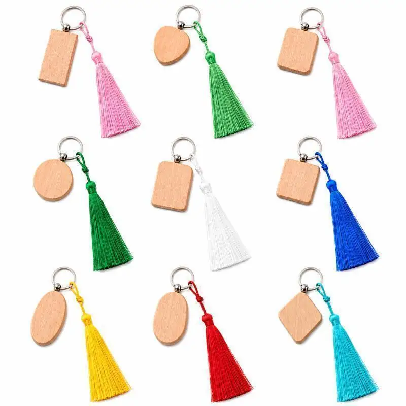 5~20 Stück Naturholz-Schlüsselanhänger-Rohlinge, DIY Handgemachtes Geschenk, Anhänger-Schlüsselanhänger für Holzschnitzereien, mit Quaste – Detail 3