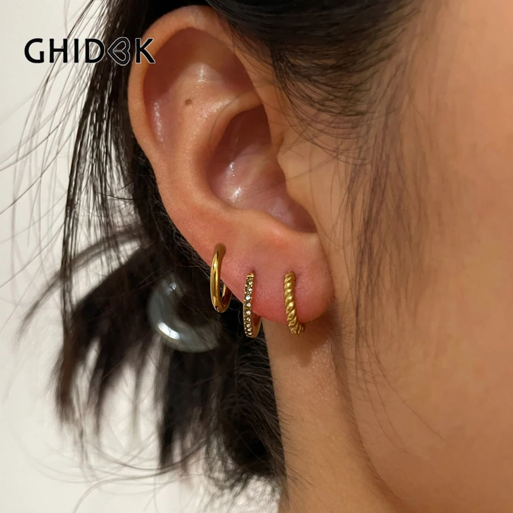 GHIDBK Simple Exquisite 18K Gold Plated Stainless Steel Earring with Rhinestone Fried Dough Twists Huggie Earrings for Women
