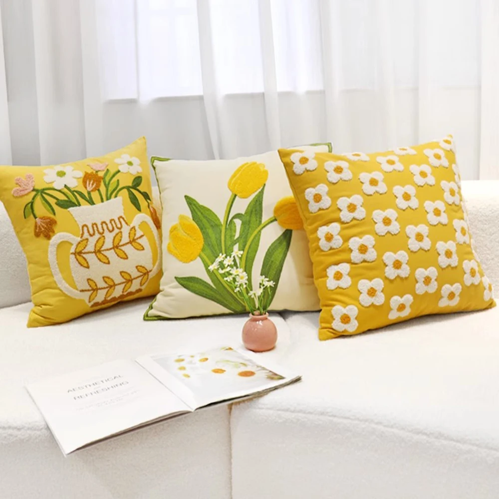 

Garden Embroidery Yellow Throw Pillow Cover Plant Flower Square Pillowcase Home Decorative Pillows for Sofa Cushion Covers 45X45