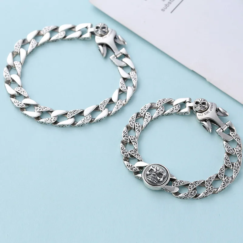 

s925 sterling silver ornament men's trendy rotating skull retro fashion Tang grass pattern personalized skull bracelet