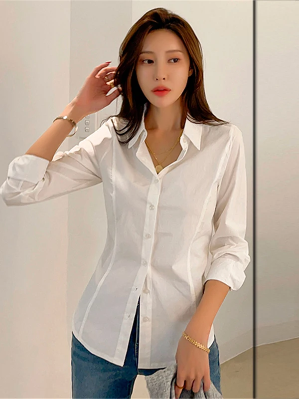 

Белая приталенная рубашка из чистого хлопка для женщин, корейский стиль, новая коллекция для ранней осени, деловая одежда, универсальная, стройнящая, с длинными рукавами...