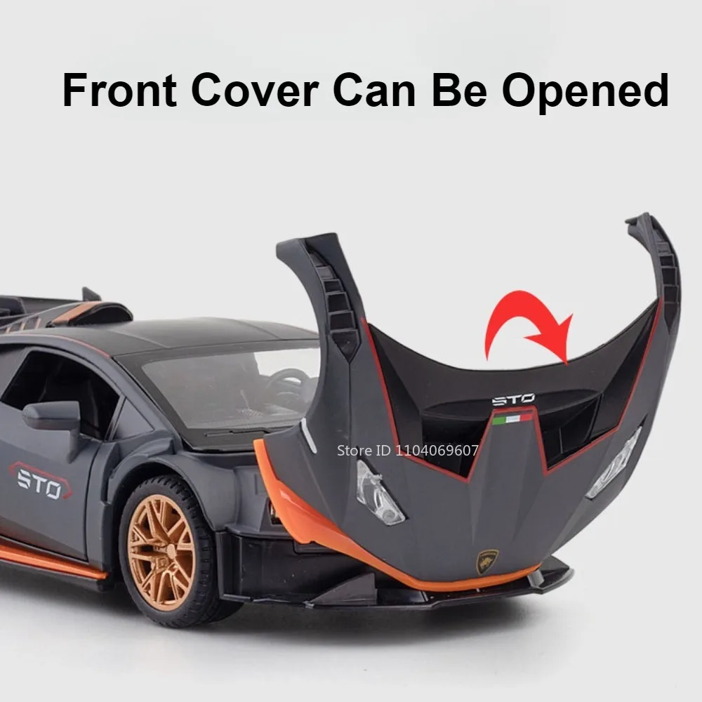 1:24 Scale Huracan STO Sports Car Model Toy Alloy Diecast Pull Back Music Light Supercar Miniature Models for Children Gifts