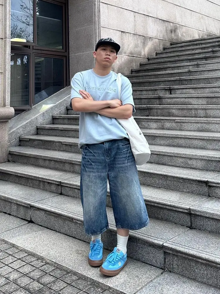 Summer Men's Lightning Crack Design Denim Shorts Cool Boys Vintage Jeans Casual Bottom Male High Waist Wide Leg Cropped Pants