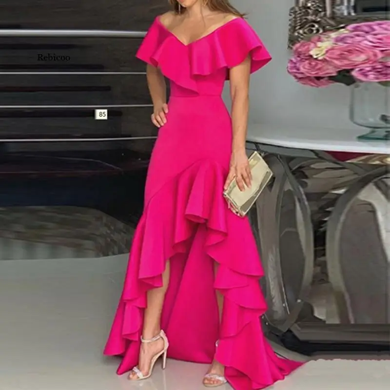 Women's Off Shouler Ruffles Maxi Party Dress  2022 Summer Sexy Elegant Irregular Short Sleeve Mermaid Long Dresses