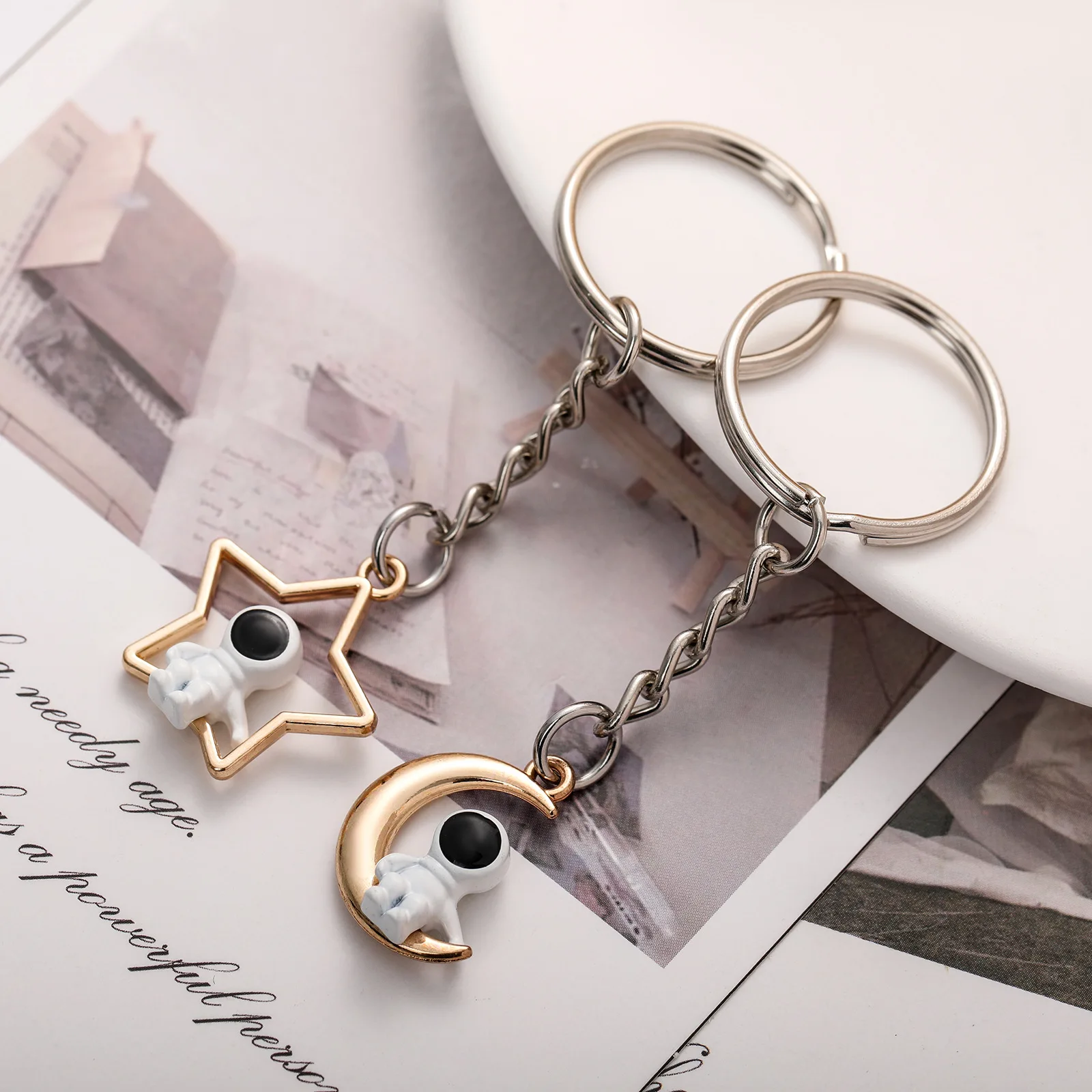 Astronauta e Moon Star Key Ring, Sweet Key Chains, Joias DIY Presentes