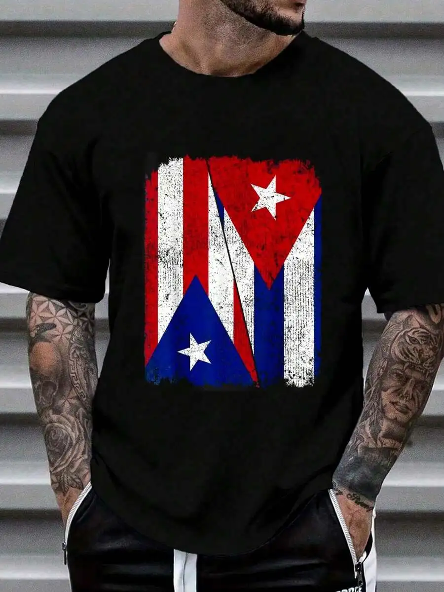 100% Cotton Half Puerto Rican Half Cuban Flag Heritage Pride Roots T-Shirt Women's Men's Graphic Tee Causal Tops Fashion Tshirt