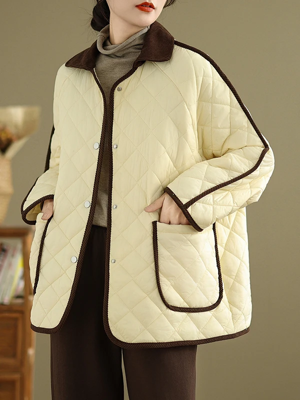 

Casual Collar Thin Cotton Jaet Women's Faionable Versatile Loose Fit Autumn Winter Outerwear Pure Color Diamond Stitch