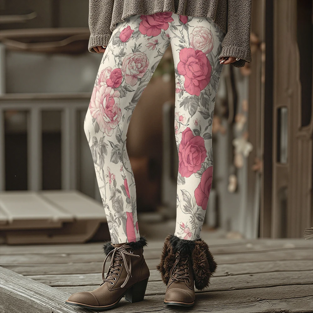 Women's Sweet Aesthetic Rose Print Leggings 8-Wale Brushed Winter Tights Floral Pattern Warm Pants Feminine Fall Winter Look