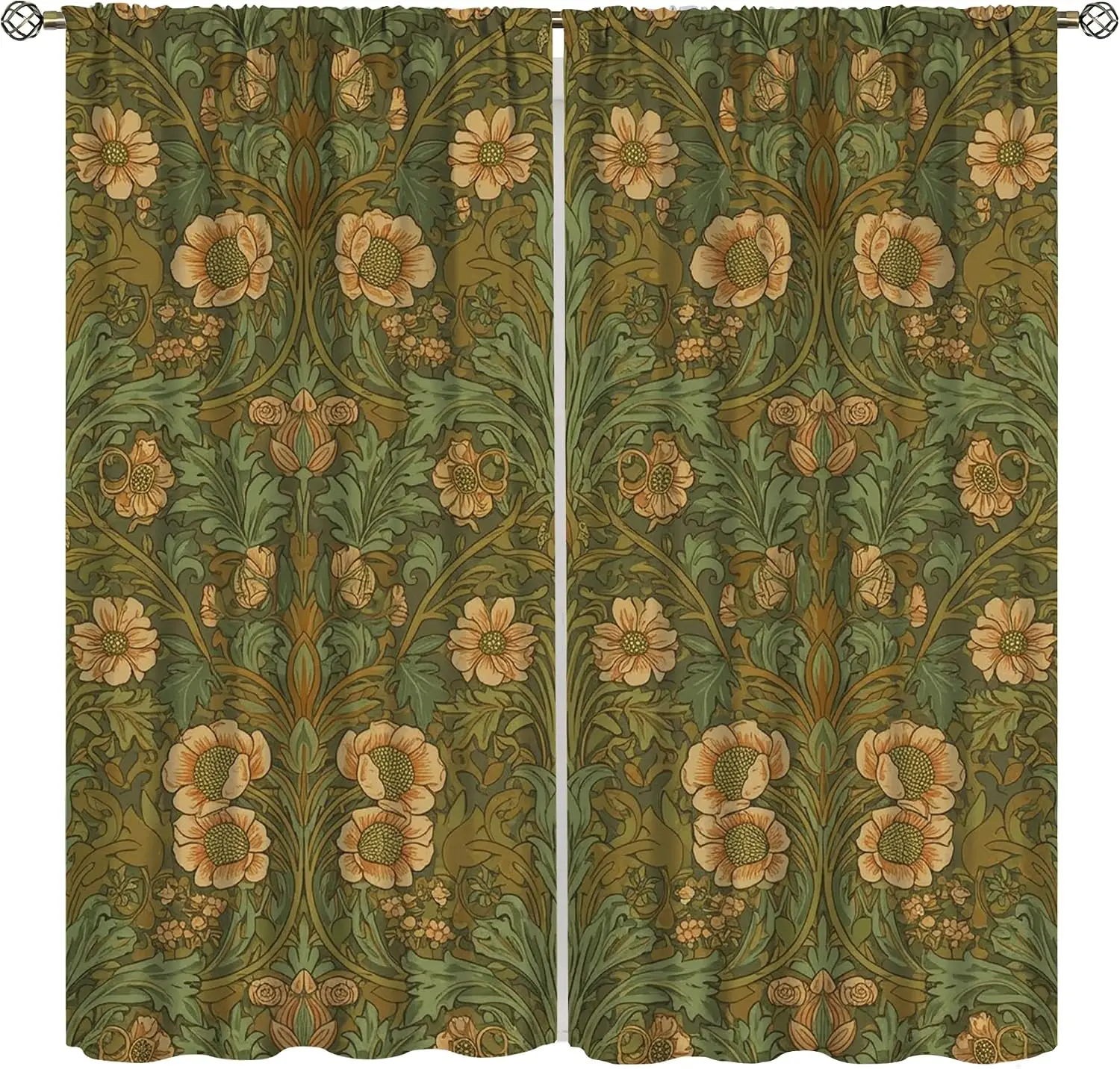 Antique Art Nouveau Floral Curtains, Symmetrical Green Foliage Cream Bloom Classic Vintage Botanical Pattern Cottage Interior