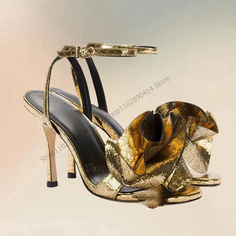 

Gold Pleated Flower Decor Glitter Open Toe Sandals Ankle Buckle Strap Women Shoes Thin High Heels Novel 2023 Zapatos Para Mujere