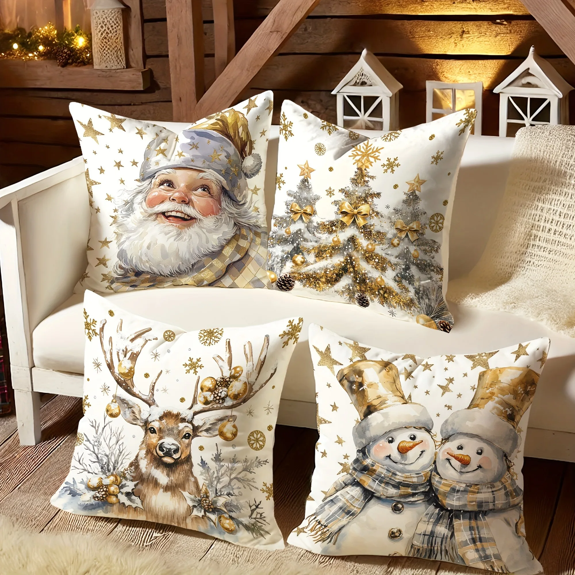 Fundas de almohada navideñas: Papá Noel, muñecos de nieve, ciervos y árboles de Navidad con sofás con detalles dorados