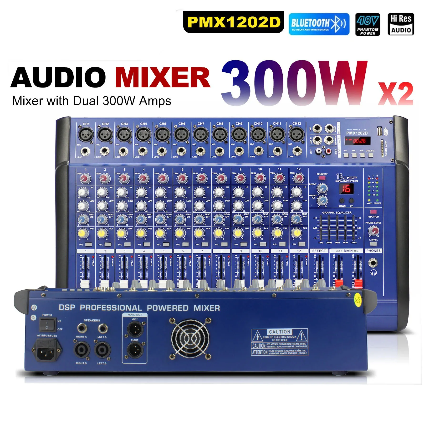 4/6/8/10/12CH Powered Mixer 2x300W Bluetooth 16 DSP Effects 48V Phantom Power 2-Band EQ Live Streaming Karaoke Church view 6