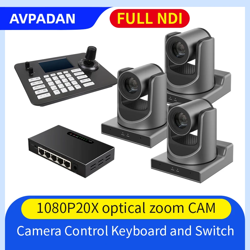 

Video Conference Group 3Pcs 20x 30x Zoom PTZ live streaming Room Camera with full NDI SDI HDMI USB POE and PTZ IP Camera Switch