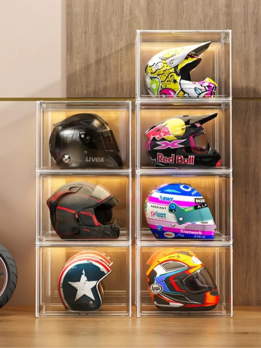 

50L Stackable Acrylic Motorcycle Helmet Storage Box Transparent Magnetic Lid Display Case Dustproof High-Transparency Figure Org