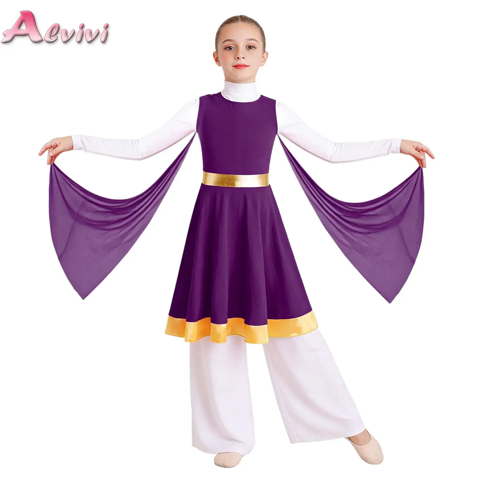 Kids Girls Liturgical Praise Dance Tunic Dress Metallic Waist Back Invisible Zipper Contrast Color Hem Dress with Mesh Drapes