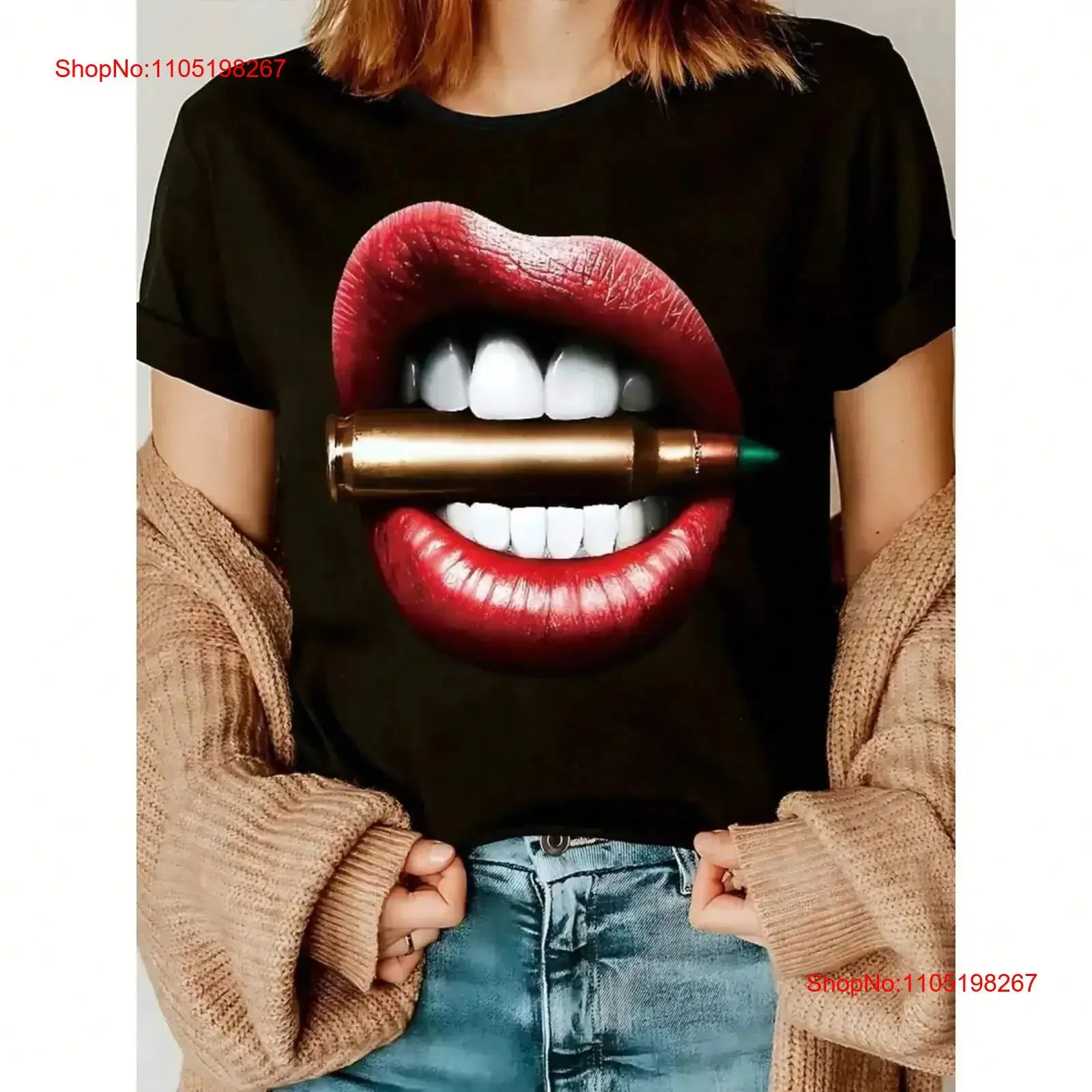 السيدات أنيمي نمط الشفاه والرصاصة نمط تي شيرت تنفس رداء علوي غير رسمي خمر غسلها أوم مصمم الملابس الشارع الشهير #1