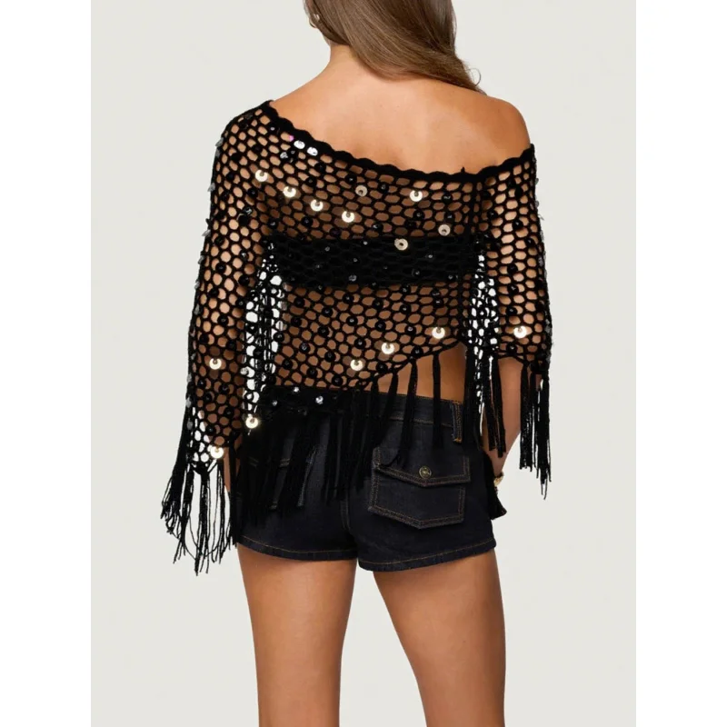 

Women Off Shoulder Sequin Fishnet Crochet Poncho Tassel Fringe Hem Open Knit Boho Beach Bikini Cover Up Wrap Top