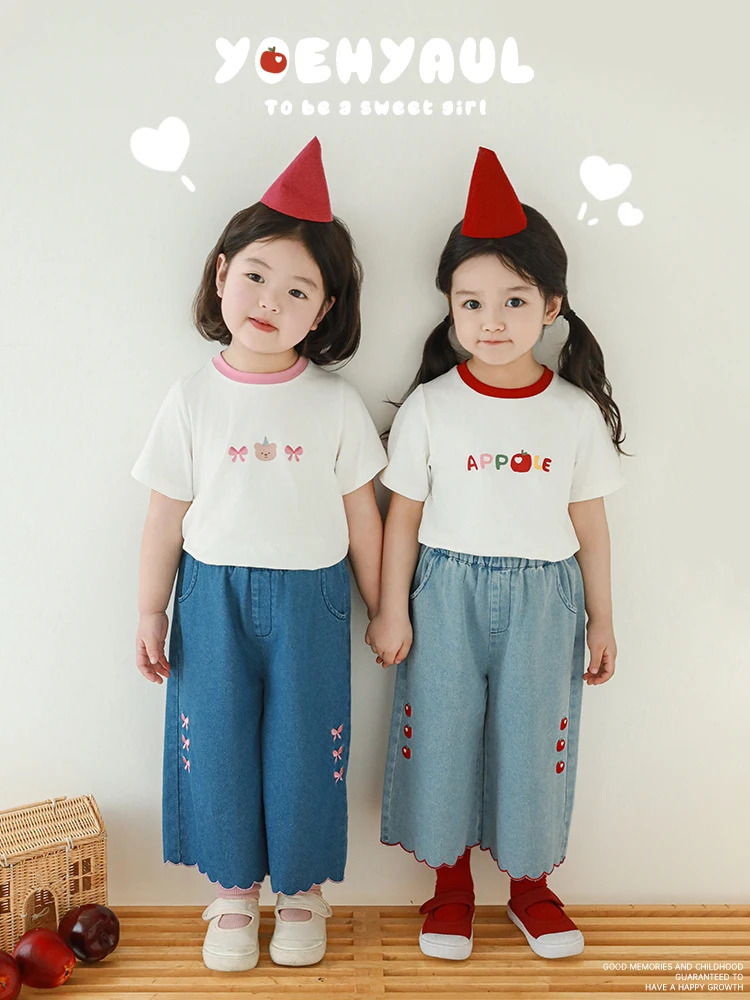 

Girl's Wave Embroidered Jeans Summer Cute Lightweight Soft Elastic Casual Pants