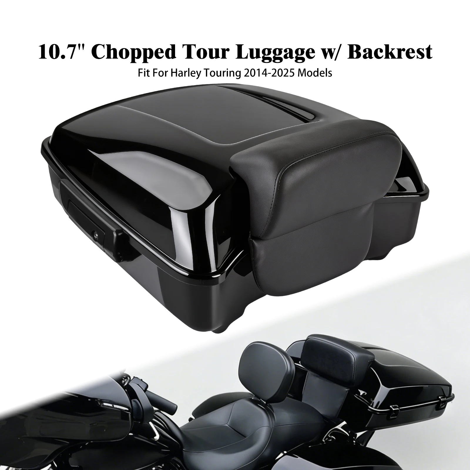 Motorcycle Chopped Luggage Trunk 10.7 Inch With Backrest For Harley Touring Road Street Electra Glide 2014-25 Rear Top Case Box