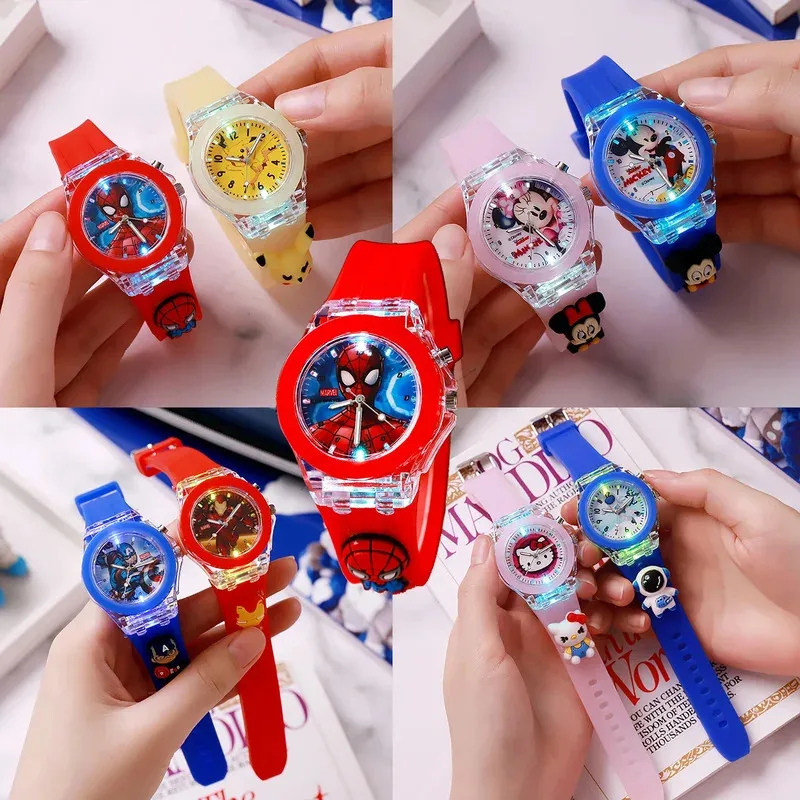 Disney Mickey Minnie Spider Man Pattern Led Glowing Flash Children Watch Toys Fashion Birthday Party Christmas Gifts For Kids