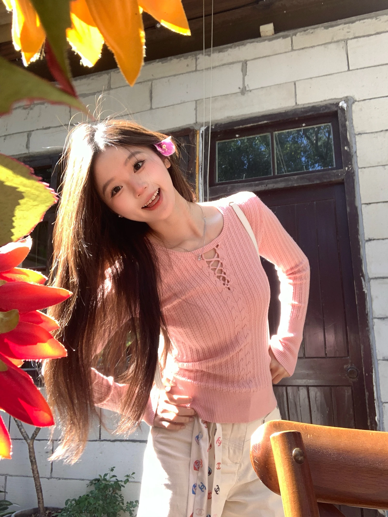 

Розовая вязаная кофта с V-образным вырезом и длинными рукавами, облегающая, повседневная, весенняя, маленького размера, с вырезами, в стиле «кейк-кэтчинг»