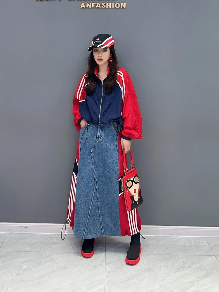 Vefadisa 2024 Autumn Winter New Women Denim Contrast Color Single Piece Half Skirt Personalized Fashion Women\'s Wear ZY3187