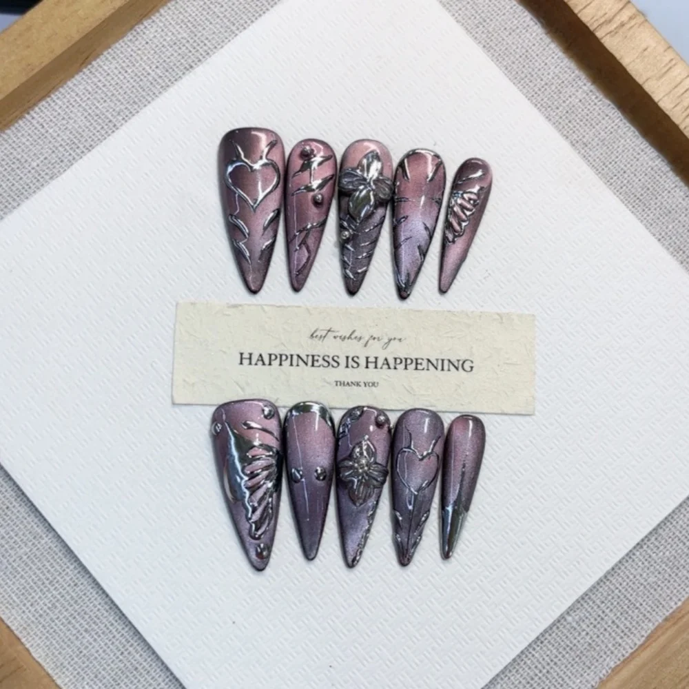 10 Uds. Sets de Uñas Postizas Hechas a Mano Estilo Almendra con Diseño Floral, Líneas de Mariposa y Adhesivos, Uñas Postizas Largas Tipo Stiletto