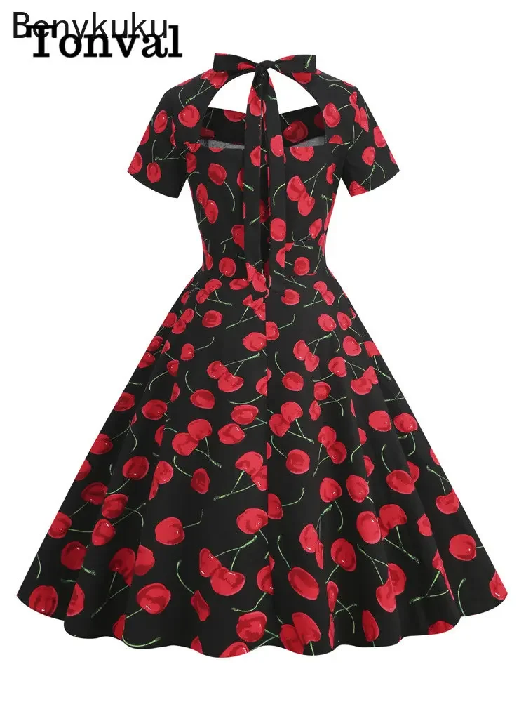 Tie Back High Wasit Cherry Print Vintage Summer Dresses for Women Sweetheart Neck Short Sleeve Backless Cotton Pinup Swing Dress