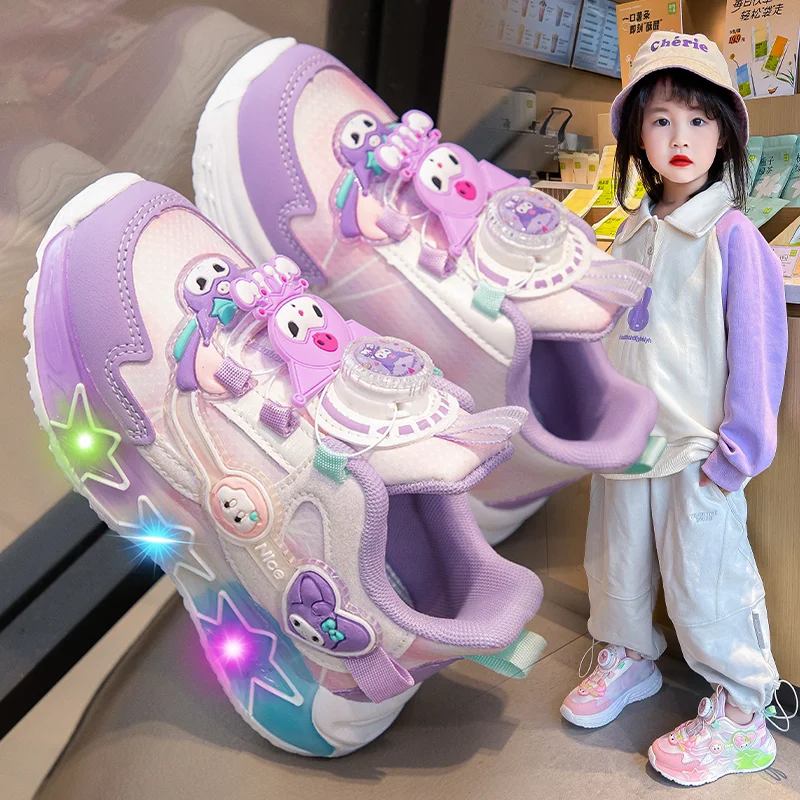 Kawaii Kuromi Winter Girls Casual Sneakers Plush Sanrios Light Up Melody Tennis Cartoon Cute Princess Kids Running Light Shoes