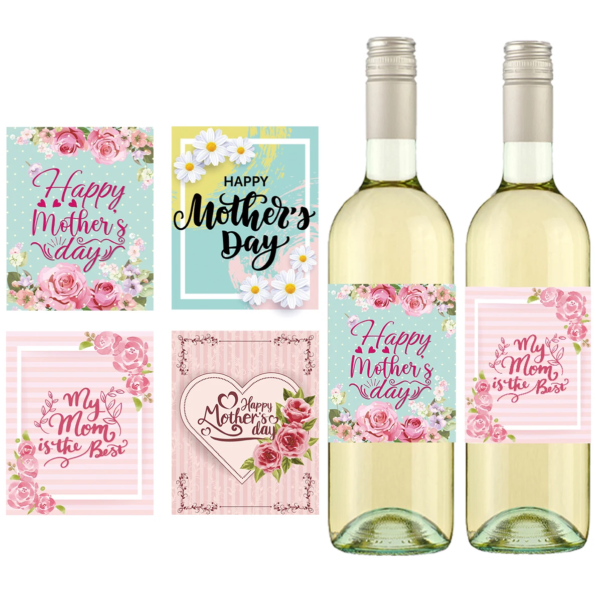 24 Stück Muttertags-Weinflaschen-Etikettenaufkleber, Muttertagsthema, floraler Etikettenaufkleber, bestes Muttergeschenk, glückliche Muttertagsdekoration