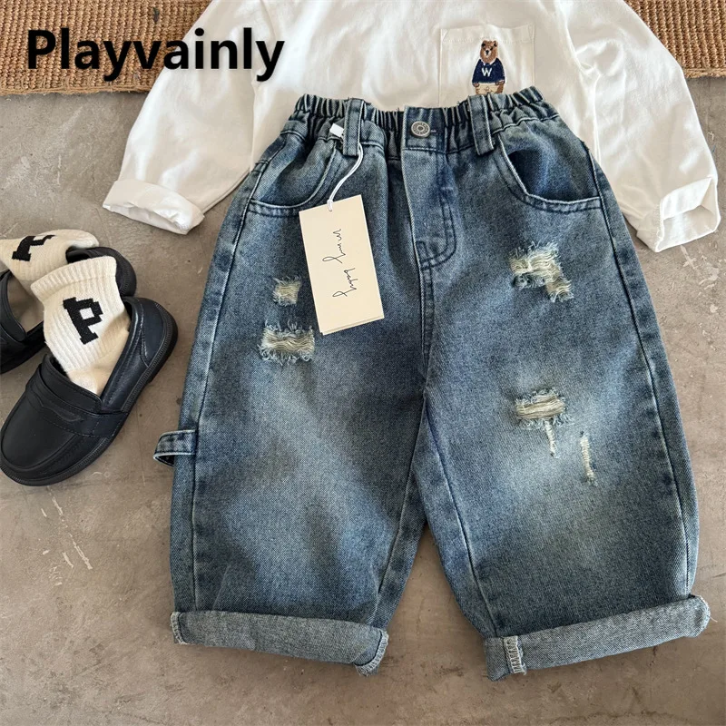

2025 New Autumn Kids Ripped Jeans Elastic Waist Boys Girls Solid Color Loose Straight Leg Pants Distressed Denim Trousers A5229