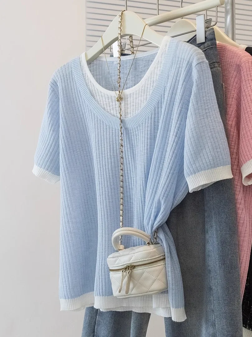 Light Blue Short Sleeve Knitted Ice Silk T-Shirt Women's Summer New Style plus Size Loose Fit round Neck Thin Shoulder T-Shirt