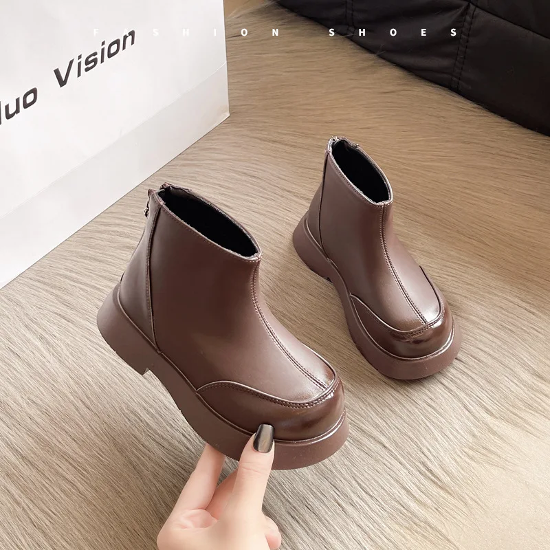 

Зимние сапоги Ботильоны ​ Низкие каблуки ​ Зимняя обувь из искусственной кожи для девочек, противоскользящая однотонная теплая коричневая черная обувь, размер 26-37