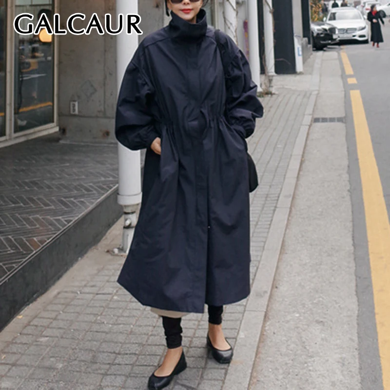 

GALCAUR Midi Length Korean Style Women's Autumn Windbreaker Long Sleeve High Waist Spliced Elastic Solid Coat Female New Clothes