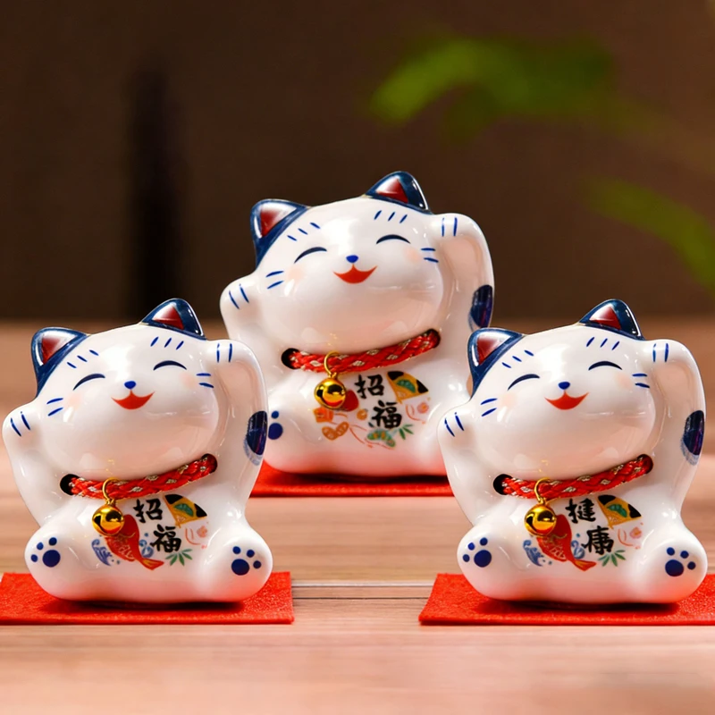 2.95 Inch Blue Dyed Ceramic Maneki Neko Lucky Cat Figurine with Bell, Mini Fortune Cat for Home Office Decoration