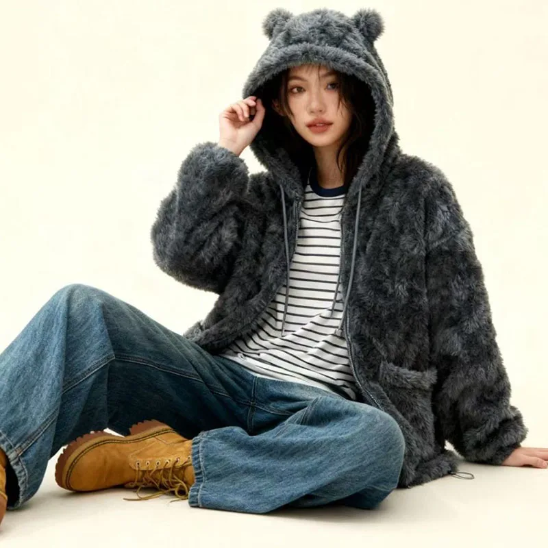 Winter Thicken Warm Plush Jacket Female Home Out Wear Hooded Faux Fur Coats Woman Versatile Zip with Pockets Flannel Outerwear