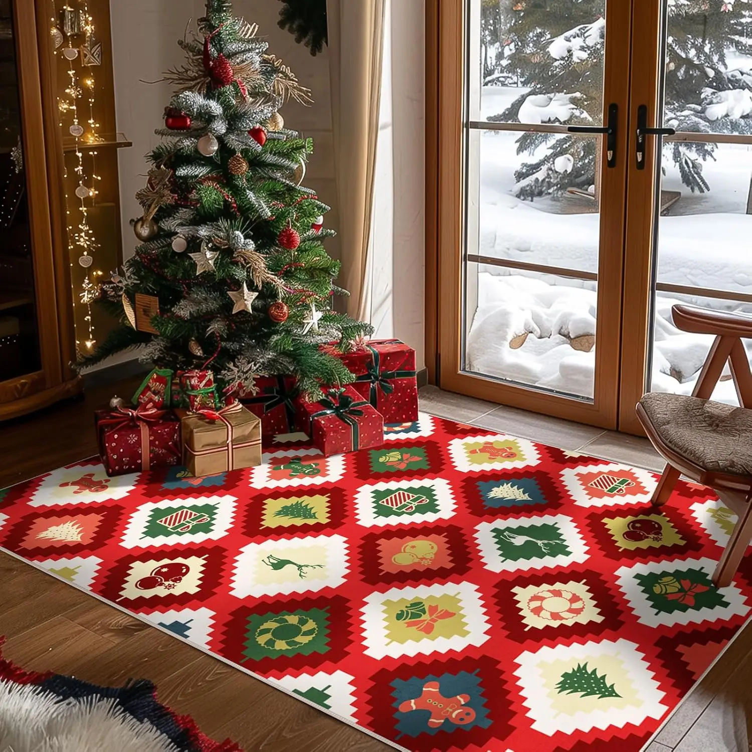 Washable Christmas Area Rug, Xmas Non-Slip Vintage Hallway Rug with Upgrade Rubber Backing, Stain Resistant Faux Wool Distressed