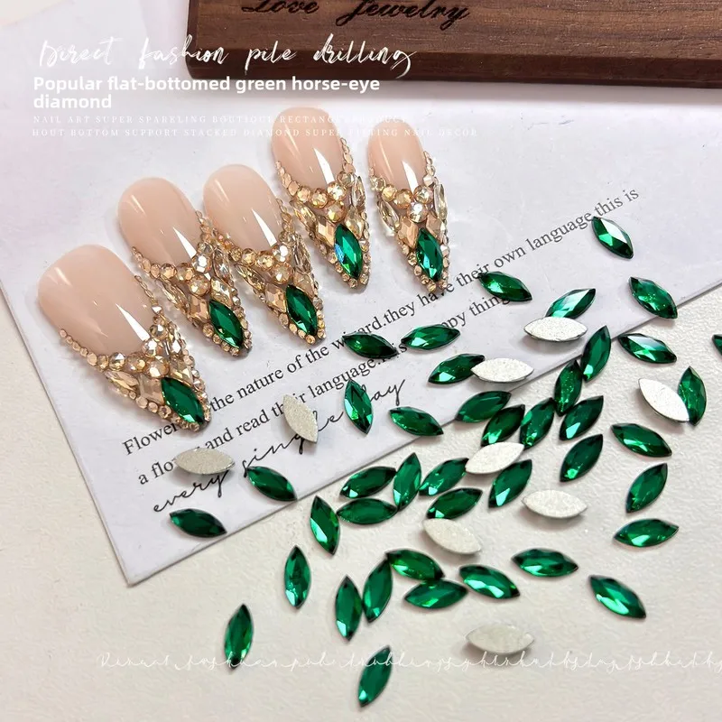 LYLE 50Pcs Emerald Green Flatback Nail Art Rhinestones Sparkly 3D Vintage Marquise Irregular Nail Gems DIY Manicure Decors Bling