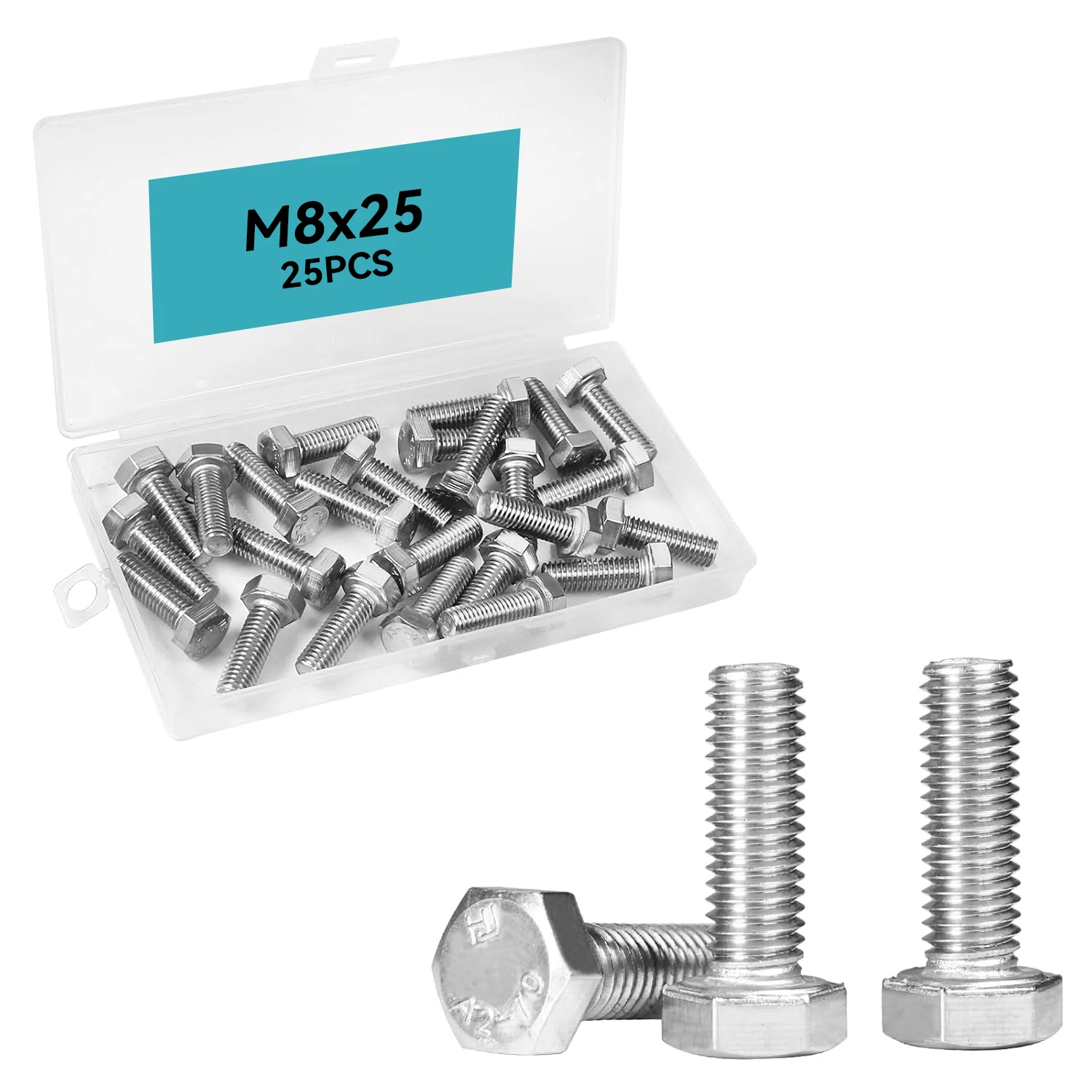 

25 M8x25 hexagonal bolts, made of 304 stainless steel, in metric specification, with full threads, and with a bright surface tre