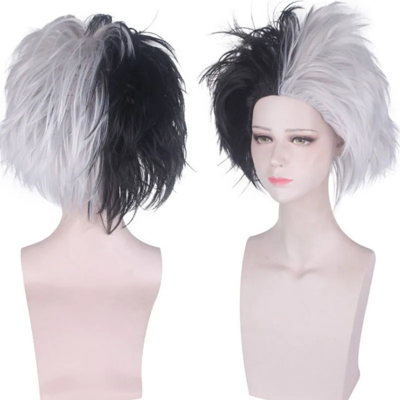 

Парик Cruella De Vil, фильмы Cruella De Vil, получерно-белый двухцветный афро-парик для косплея