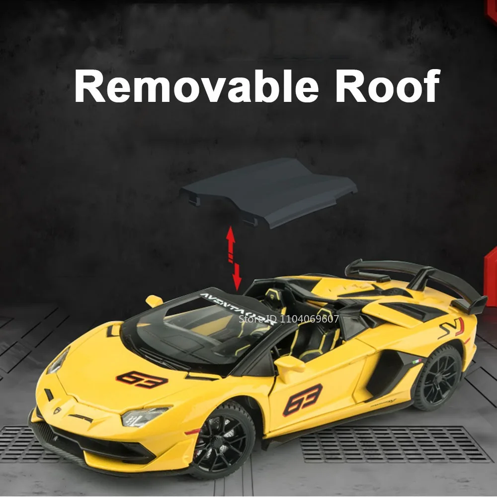 รถของเล่นโมเดลสปอร์ต 1:24 V12 SVJ63 ผลิตจากโลหะผสม พร้อมเสียงและไฟ ประตูเปิดได้ แบบดึงหลัง รุ่นยอดนิยมสำหรับเด็กและผู้ใหญ่