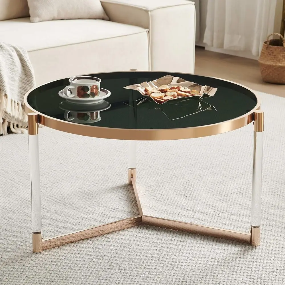 Modern Clear Acrylic Coffee Table with Black Glass Surface and Glossy Gold Frame